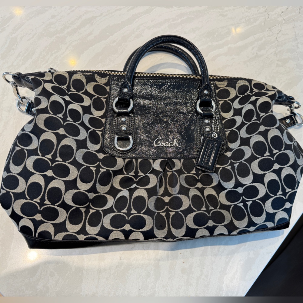 Coach Signature C Satchel Handbag Black Gray Leather Trim Shoulder Strap - Picture 4 of 6